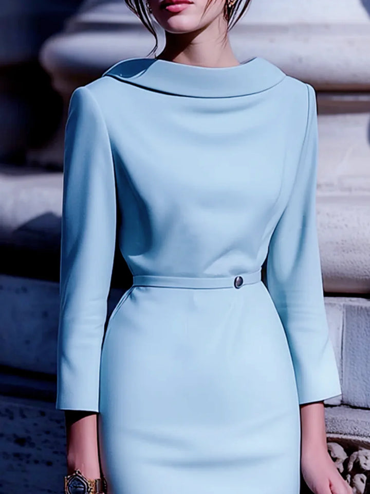 Formal light blue belted midi dress for women. Features elegant V-back, turn-down collar & mid-sleeves, ideal for office.