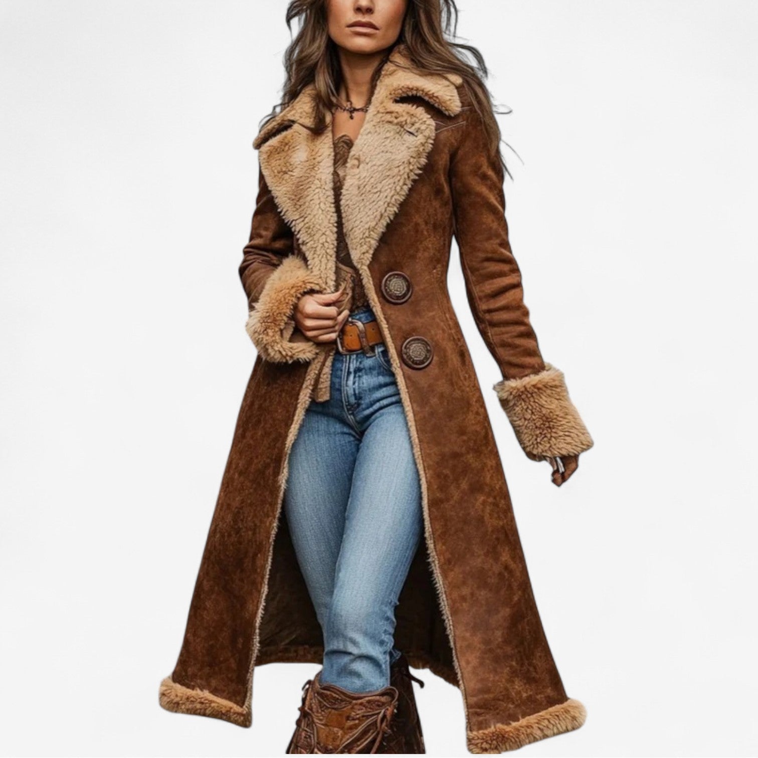 Elegant long winter coat for women, timeless warmth, sophisticated button-front design, perfect for cold weather fashion.