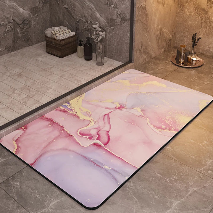 Stylish marble quick-dry bath mat. Non-slip & absorbent. Perfect luxury home decor for an elegant modern bathroom.