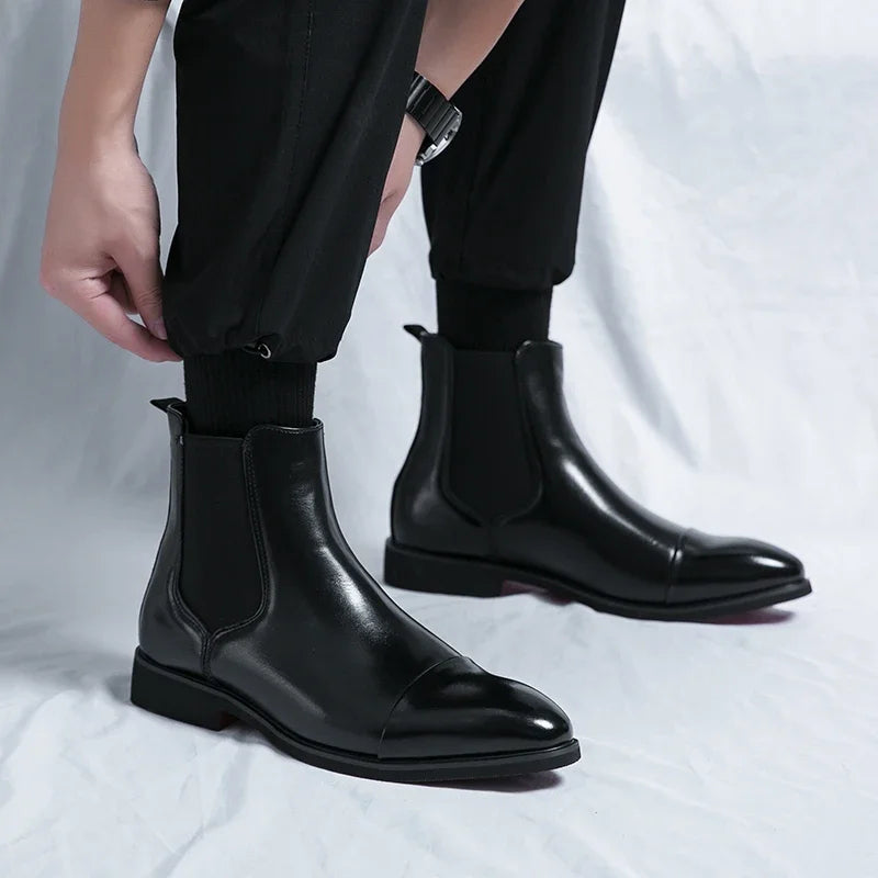 Stylish men's black and red elegant slip-on ankle boots, perfect for modern, comfortable, versatile fashion.