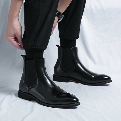 Stylish men's black and red elegant slip-on ankle boots, perfect for modern, comfortable, versatile fashion.