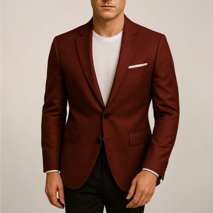 Elegant men's classic red blazer, perfect for formal events, business, or smart casual wear. Tailored for a sophisticated look.