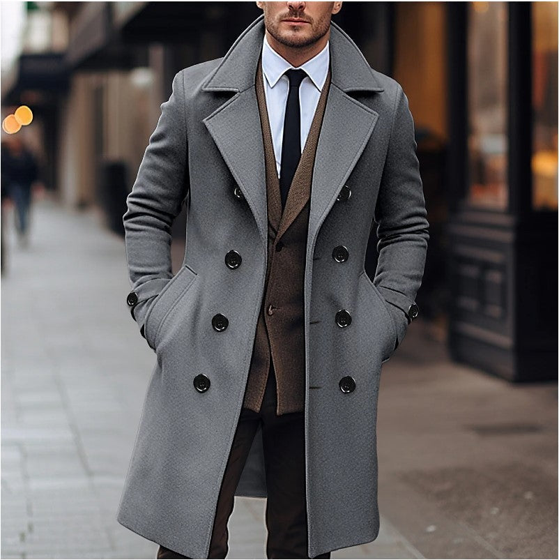 Elegant men's double-breasted long overcoat, perfect for sophisticated winter formal and smart casual fashion.