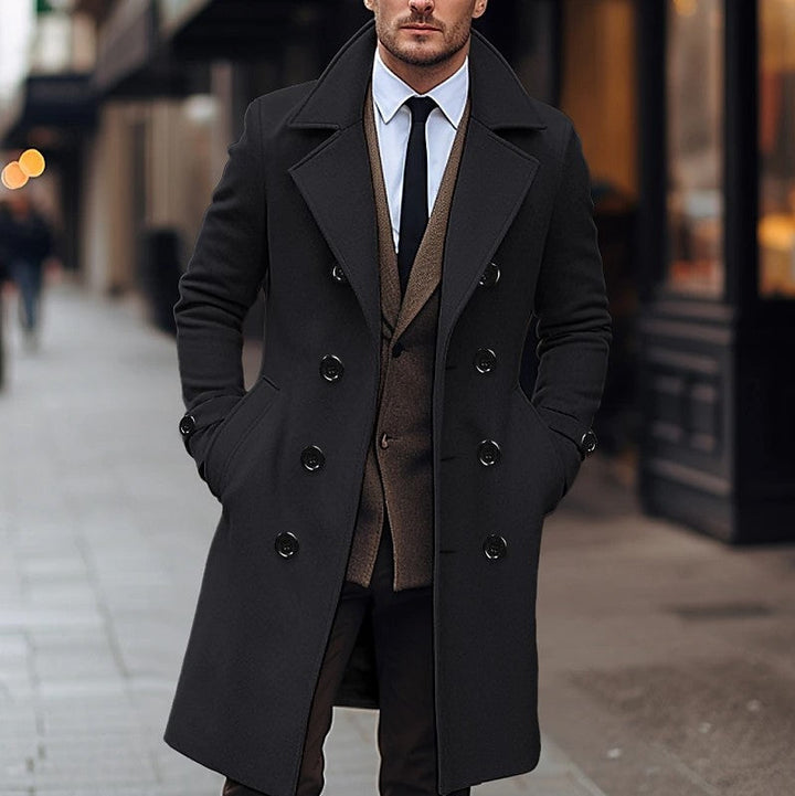 Tailored men's long winter coat with double-breasted design, ideal for cold weather and stylish outerwear.