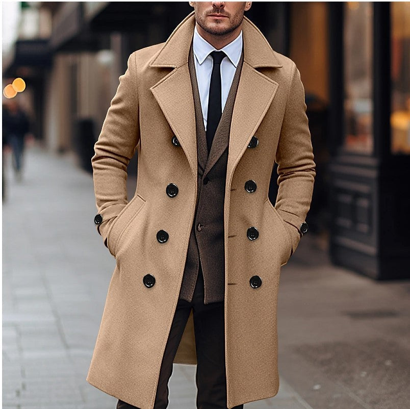 Sophisticated men's double-breasted trench coat in dark color, offering warmth and style for winter elegance.