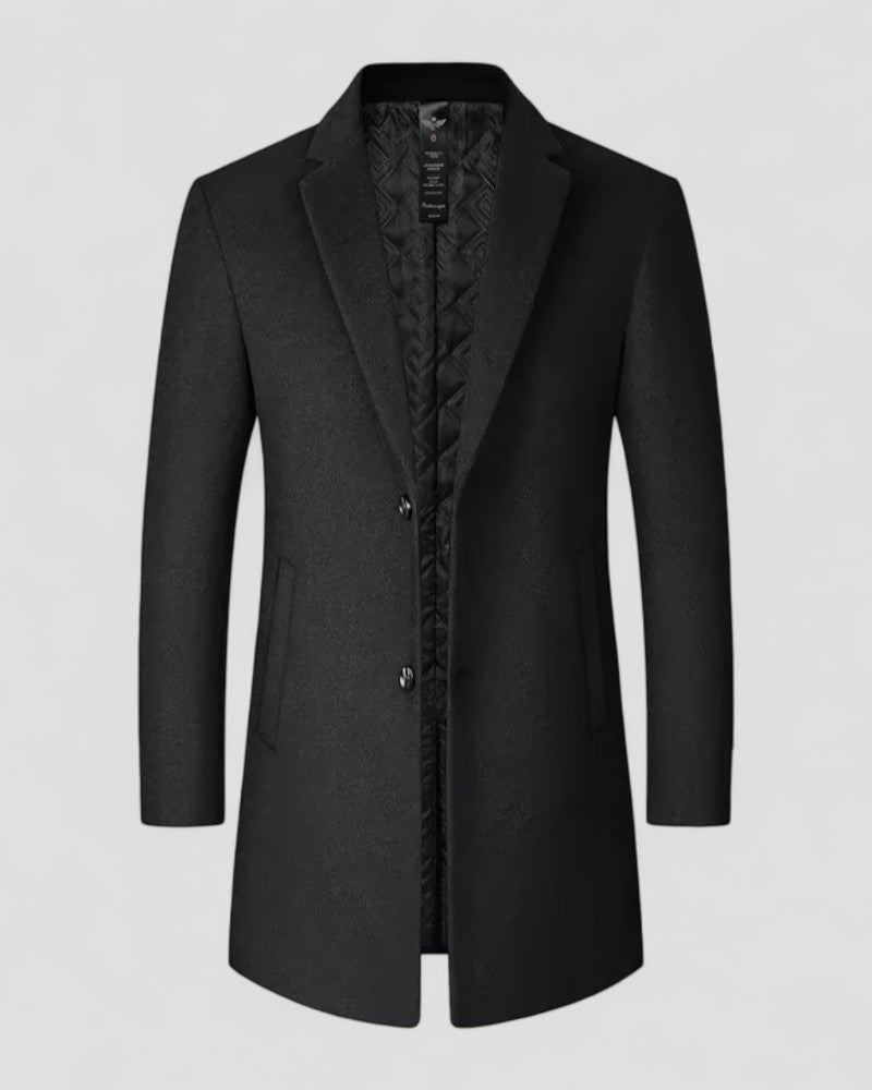 Elegant men's long trench coat, a smart winter overcoat for classic style & warmth.