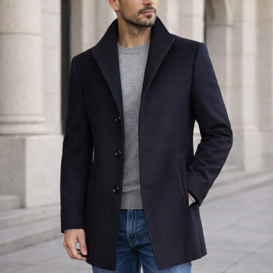 Elegant men's long winter coat, tailored for warmth & sophisticated style. Classic outerwear.