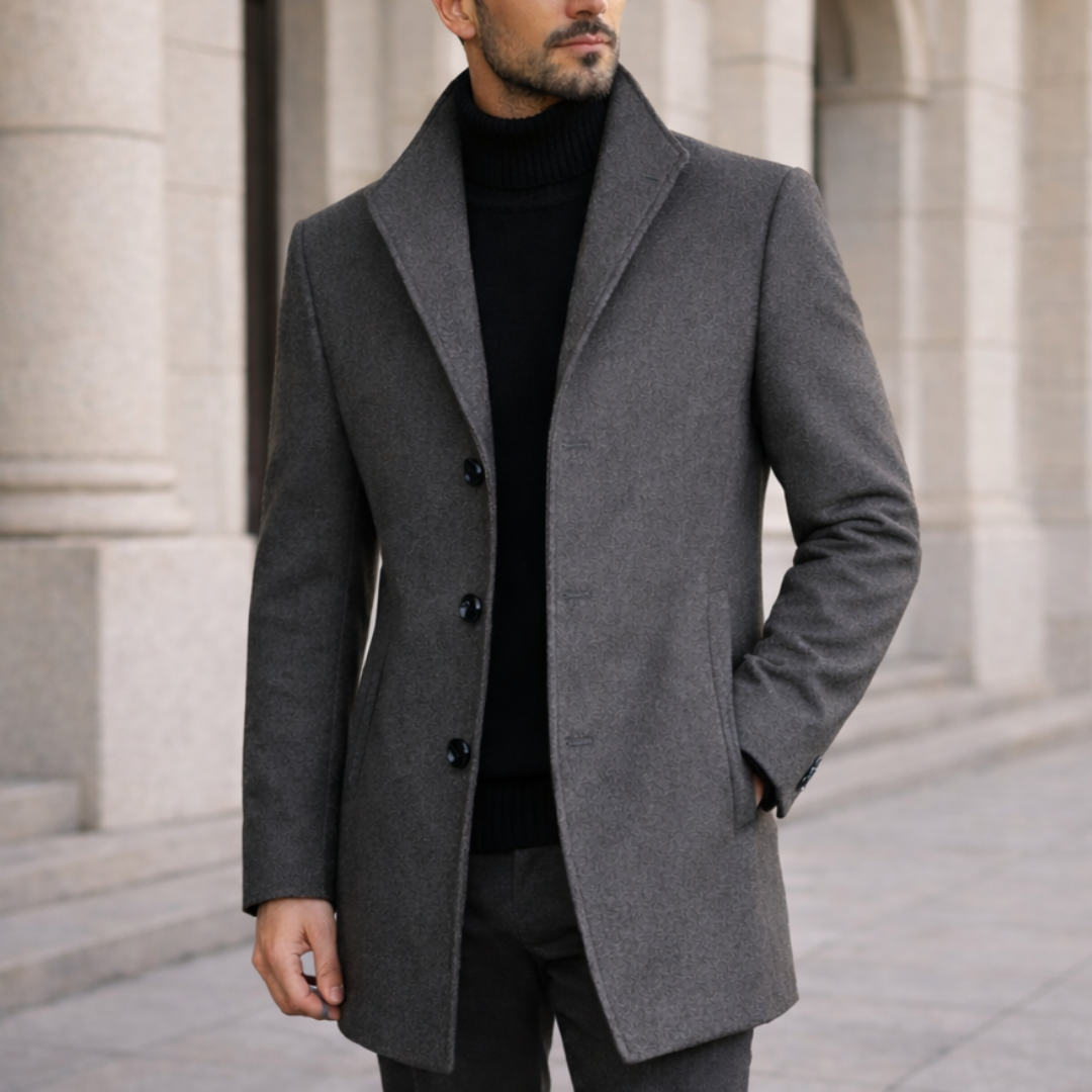 Warm men's long winter coat, elegant quality fabric for ultimate warmth & classic men's fashion.