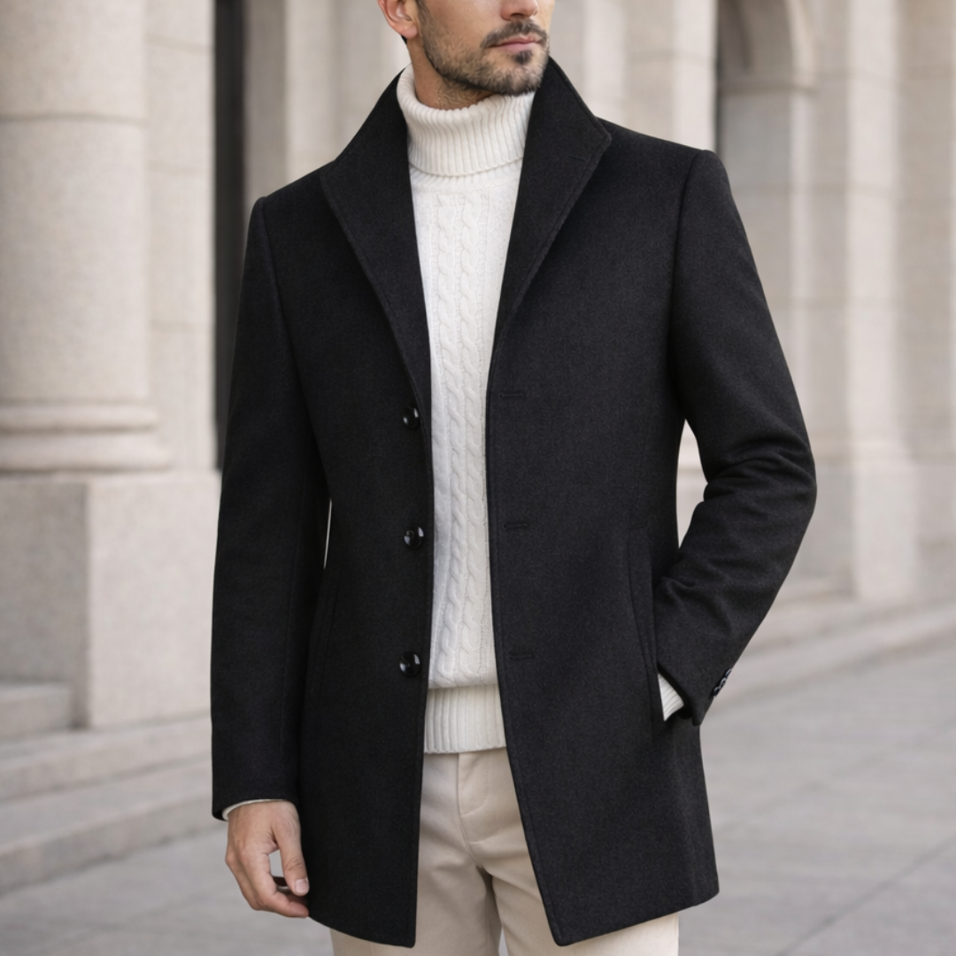 Tailored men's long winter coat, sophisticated business casual outerwear for elegant warmth.