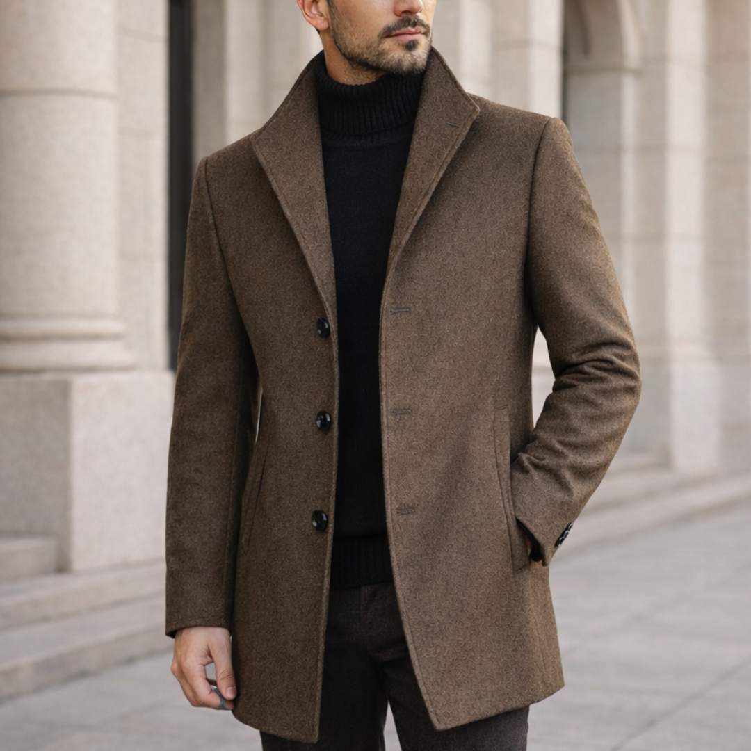 Men's classic long winter coat, perfect for elegant business casual or formal warmth.