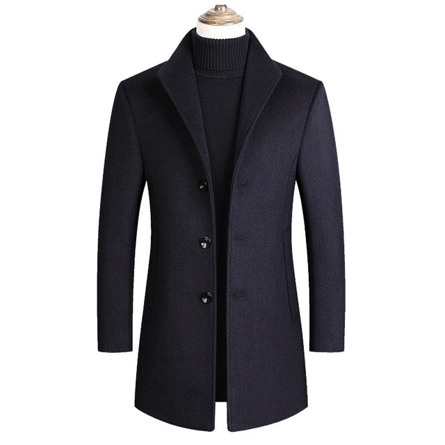 Sophisticated men's long winter coat, ultimate warmth & elegant style for cold weather.