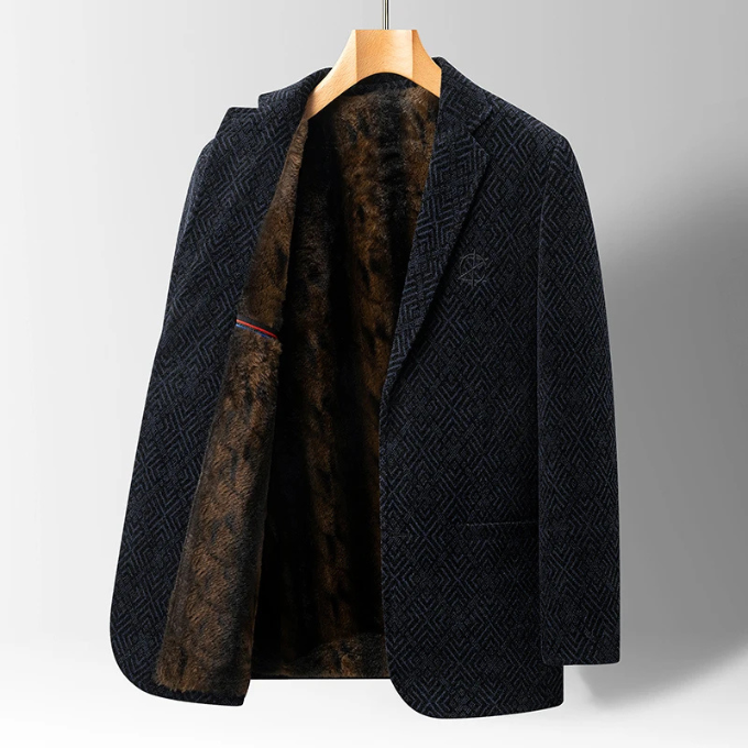 Sophisticated men's tailored midnight winter coat. Warm, classic dark blue/gray outerwear, perfect for business casual elegance.