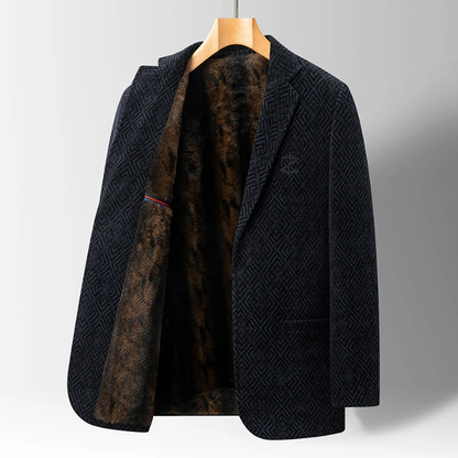 Sophisticated men's tailored midnight winter coat. Warm, classic dark blue/gray outerwear, perfect for business casual elegance.
