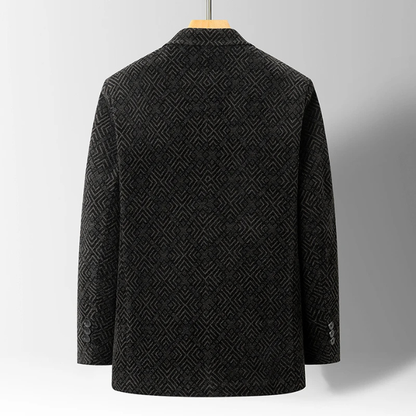 Classic men's midnight tailored coat, a sophisticated warm jacket for elegant winter fashion. Dark gray/blue business casual outerwear.