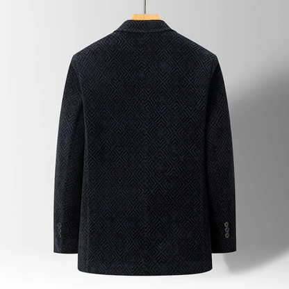 Men's tailored midnight dark coat, sophisticated and warm. Elegant dark blue/gray outerwear, ideal for winter business fashion.