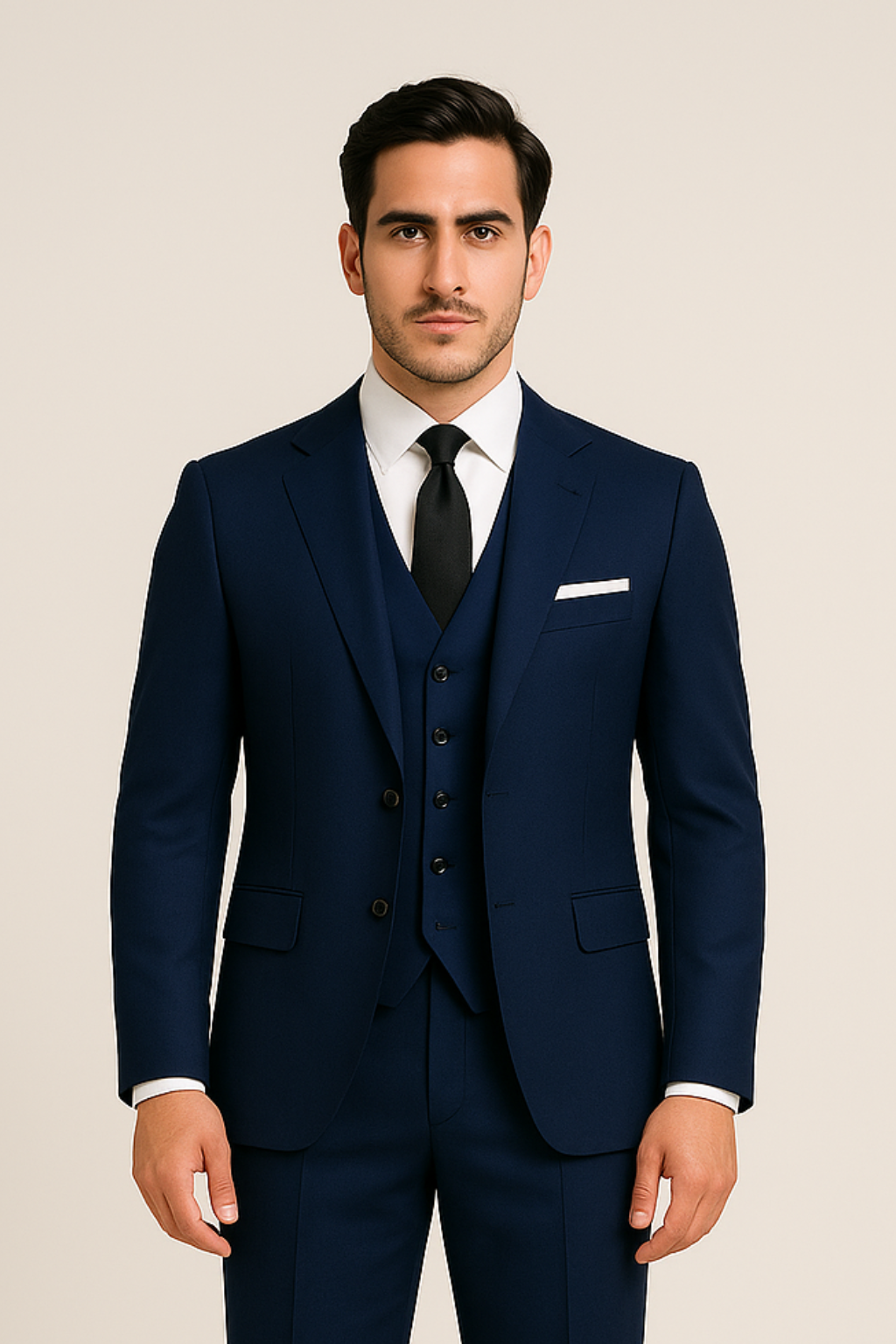 Elegant men's navy three-piece slim-fit suit for special occasions, weddings, or formal business attire.