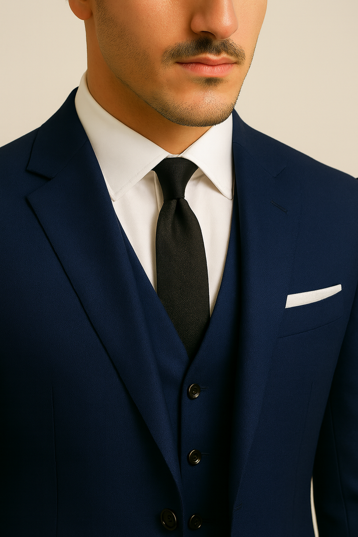 Tailored men's navy three-piece suit, showcasing premium fabric & slim fit, ideal for formal events & parties.