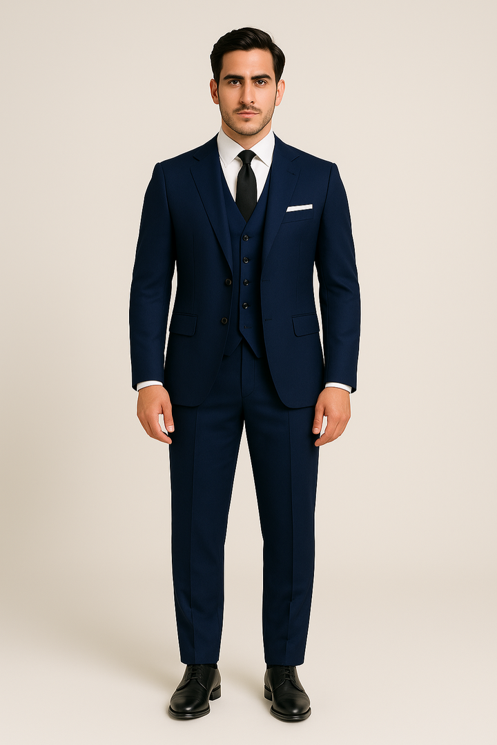 Sophisticated navy three-piece wedding suit for men, perfect formal wear for special occasions & evening parties.