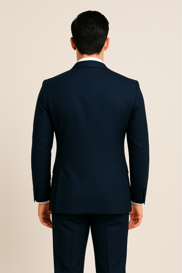 Modern men's navy slim-fit three-piece suit, a stylish choice for formal wear, business attire & special events.