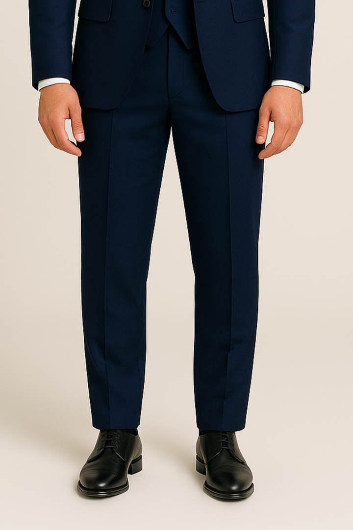 Complete men's navy three-piece suit ensemble: jacket, waistcoat & trousers, perfect for elegant formal occasions.
