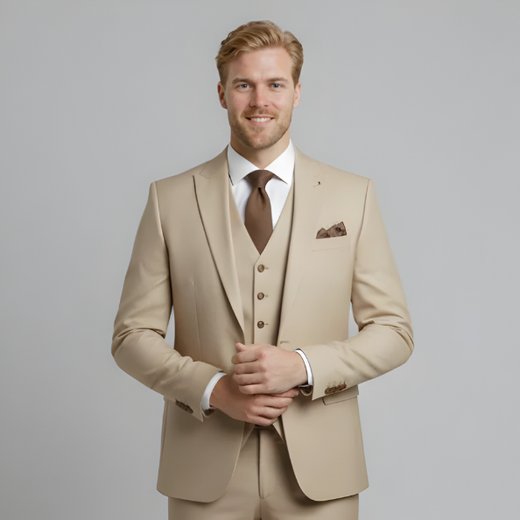 Elegant men's slim fit three-piece suit for weddings, formal events, & galas. Tailored for a modern look.