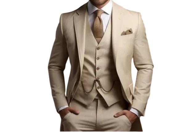 Full view of a sophisticated men's formal three-piece suit, perfect for special events & formal occasions.