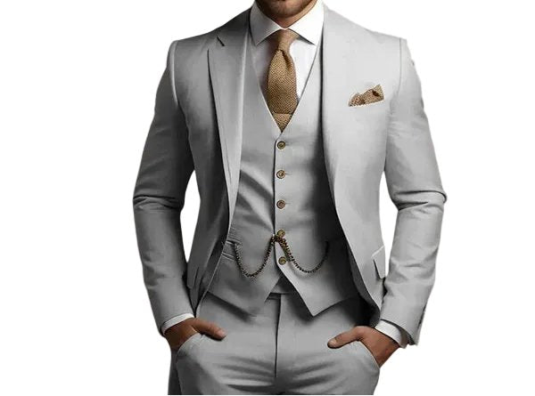 Stylish men's wedding suit, a slim fit three-piece ensemble, ideal for grooms & guests. Formal tailored wear.