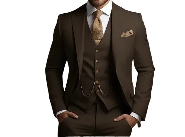 Sharp men's event wear: a slim fit three-piece dress suit, suitable for formal parties & professional gatherings.