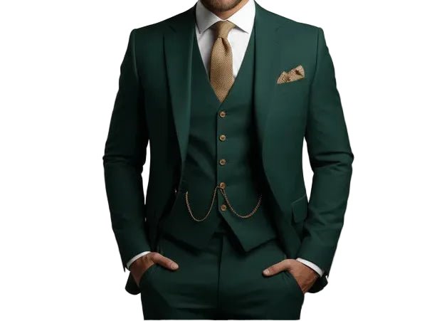 Men's tailored three-piece suit featuring a slim fit jacket, vest, & trousers. Premium formal wear.