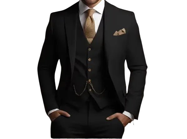 Classy men's three-piece formal suit. Slim fit design for a sharp, sophisticated look at weddings & events.