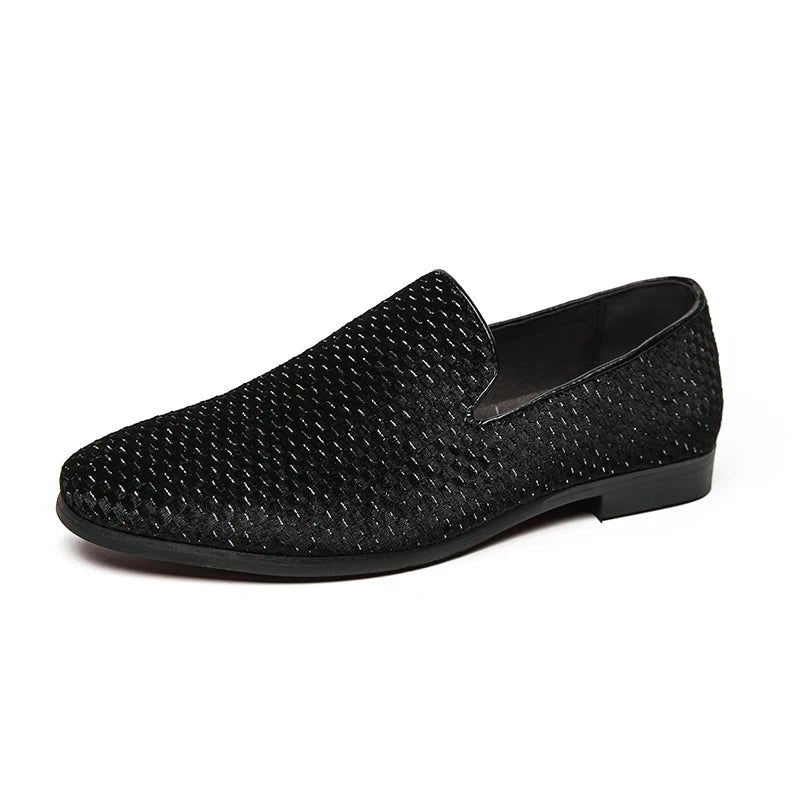 Men's fashionable slip-on loafers, elegant with a distinctive woven pattern. Perfect dress or casual shoes.
