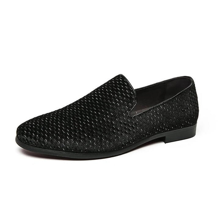 Men's fashionable slip-on loafers, elegant with a distinctive woven pattern. Perfect dress or casual shoes.