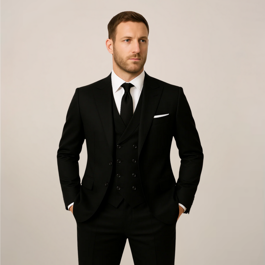 Elegant men's three-piece dinner suit with stylish contrast lapel, perfect for formal events & black tie occasions.