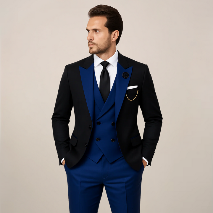 High-quality men's three-piece dinner suit with a sleek contrast lapel, offering refined formal wear for men.