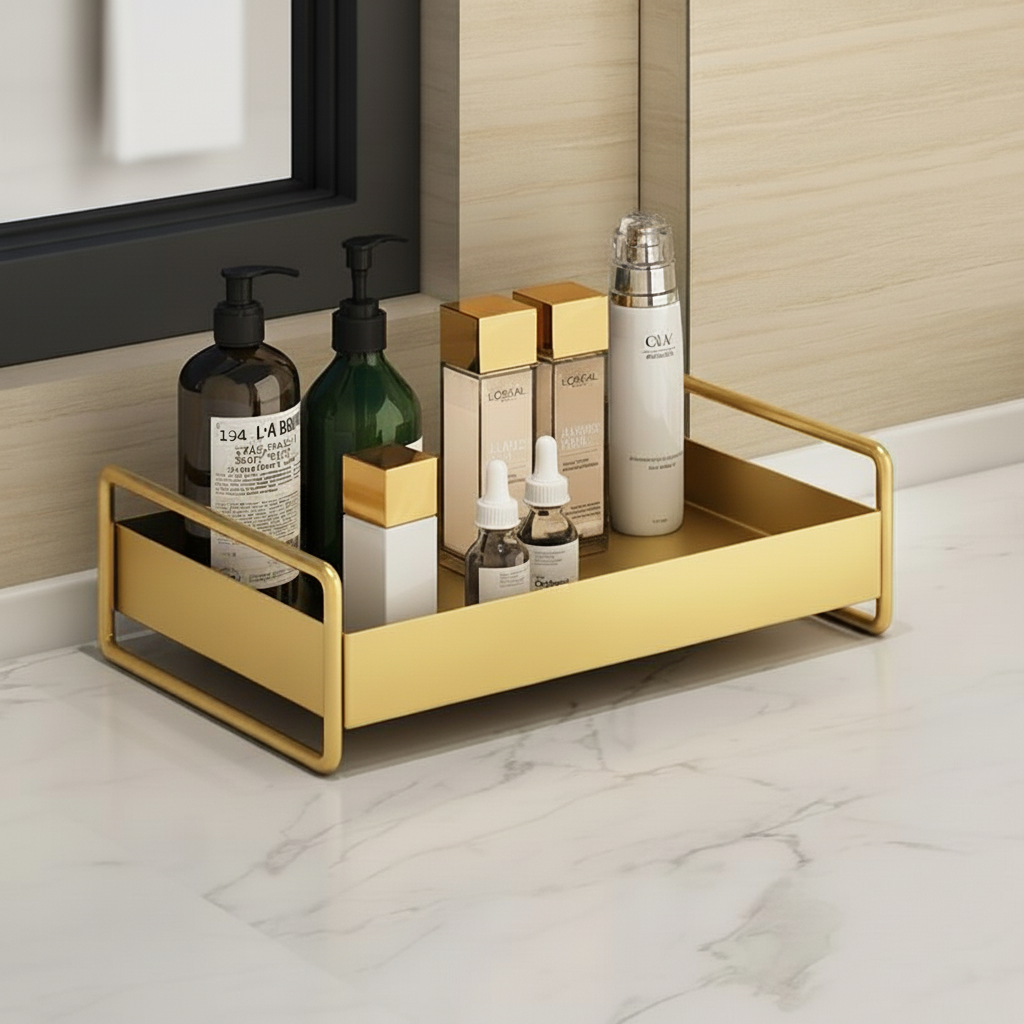 Elegant modern organizer tray with golden accent for desk & home office.