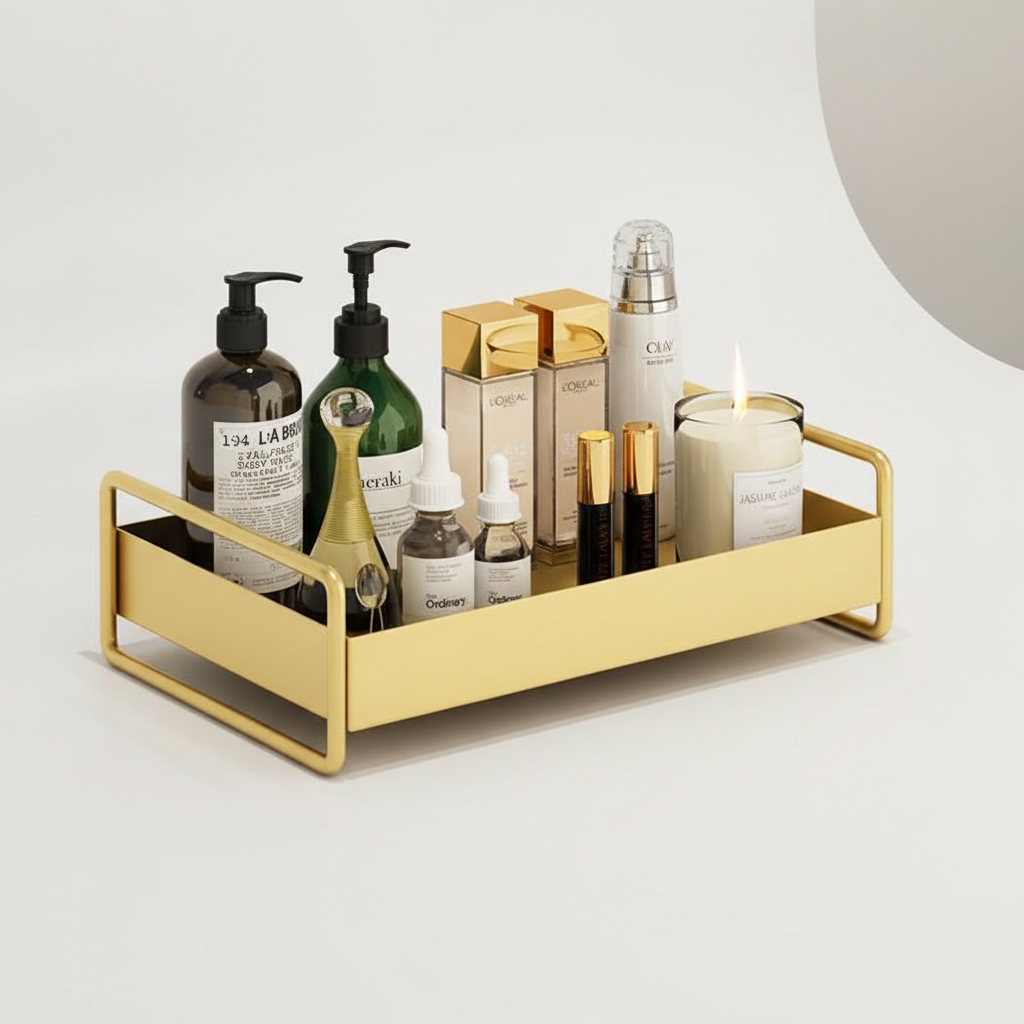 Compact multipurpose organizer tray for bathroom, vanity, or countertop storage.