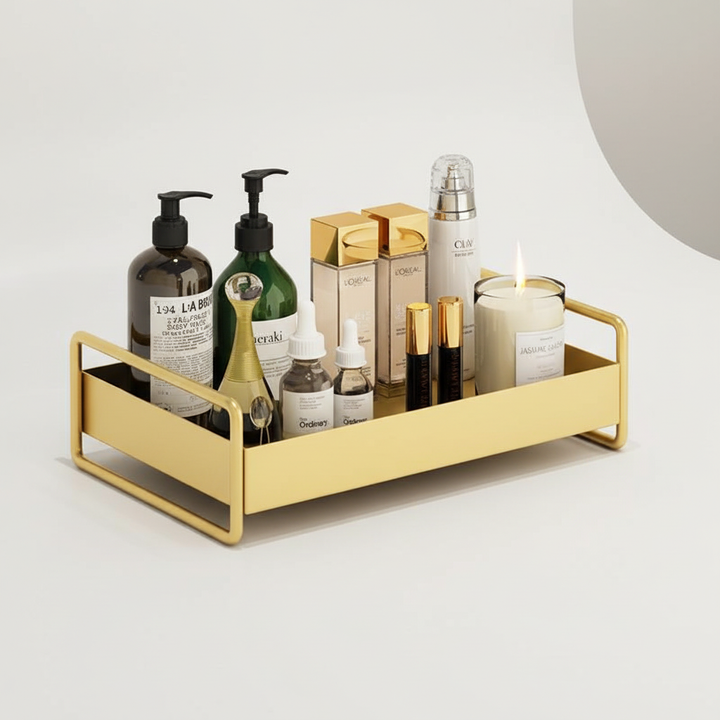 Compact multipurpose organizer tray for bathroom, vanity, or countertop storage.