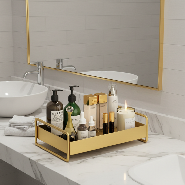 Versatile elegant organizer tray with golden trim for bathroom & desk storage.