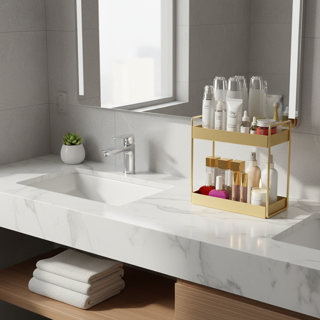 Stylish multipurpose tray for home, office, vanity, or kitchen organization with golden accent.