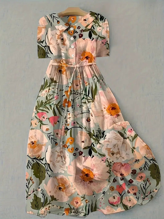 Elegant multi-color floral women's summer dress. Comfortable, breathable cotton linen with short sleeves, perfect for casual wear.