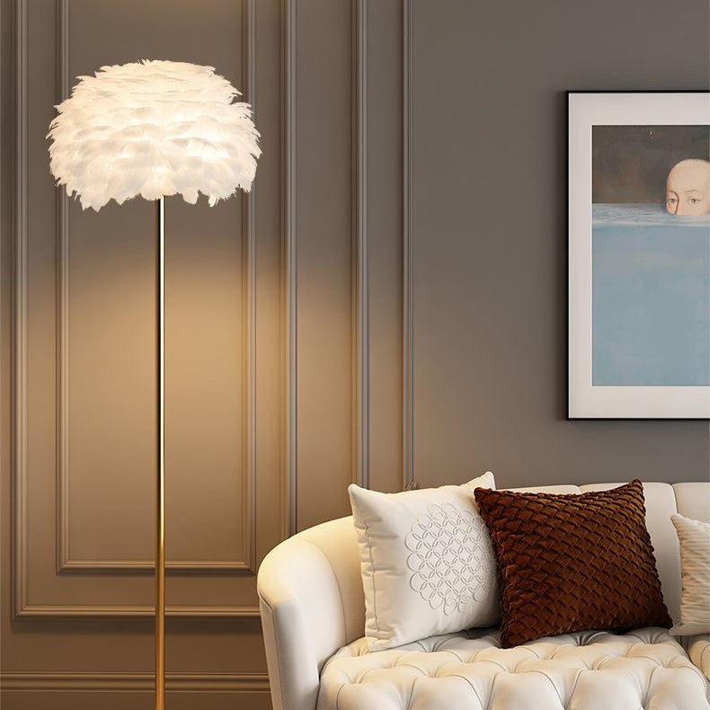 Elegant Nordic feather & crystal floor lamp, perfect for luxury living room decor & ambient lighting.