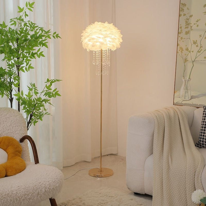 Modern Nordic stand lamp with soft feathers & dazzling crystal accents, ideal for stylish home lighting.