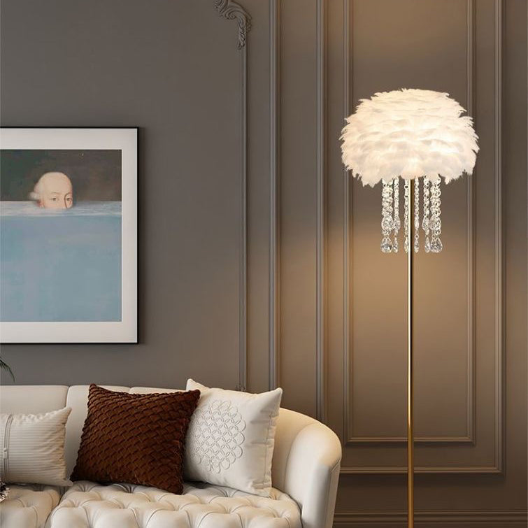 Luxury feather floor lamp with crystal details, bringing elegant Nordic style to living room or bedroom.