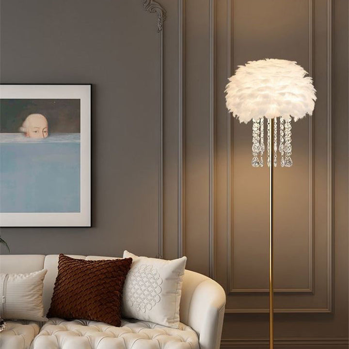 Luxury feather floor lamp with crystal details, bringing elegant Nordic style to living room or bedroom.