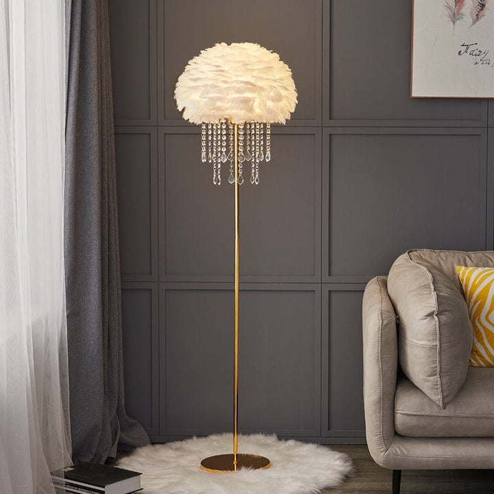Tall Nordic feather stand lamp, a chic modern lighting fixture with sparkling crystals for home decor.