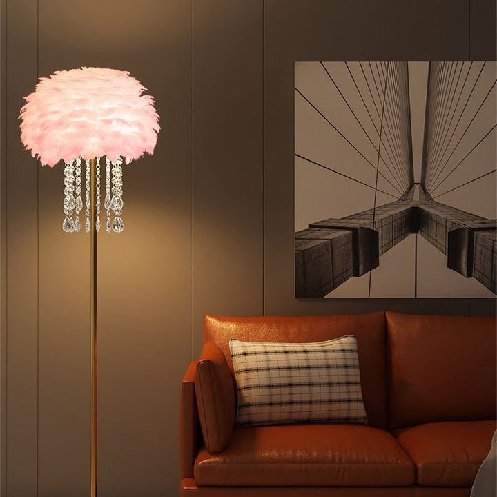 Nordic style feather crystal floor lamp, an elegant modern lighting piece enhancing bedroom or living room decor.