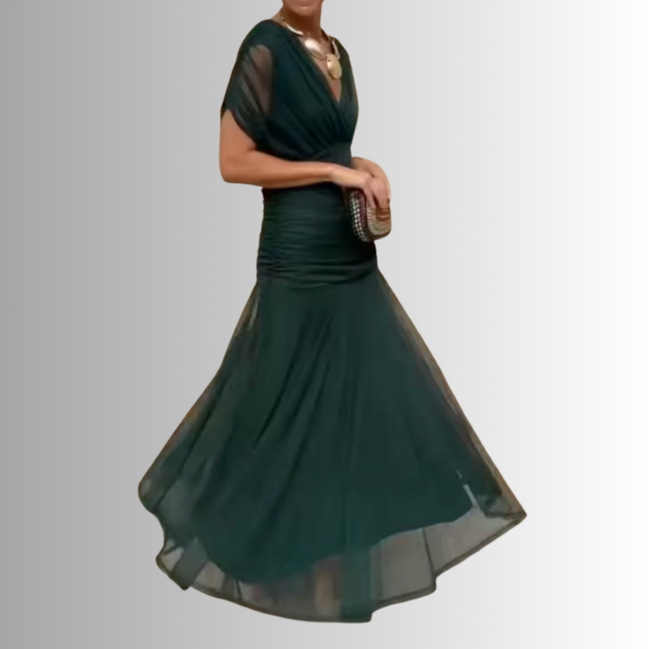 Very elegant women's off-shoulder evening maxi dress, a perfect formal gown for galas.