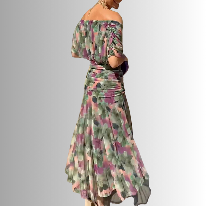 Glamorous women's off-shoulder maxi dress, a sophisticated long evening gown for special events.