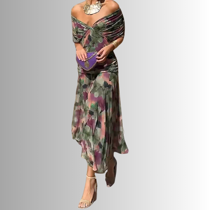 Formal off-shoulder maxi dress for women, elegant evening wear for parties & special occasions.