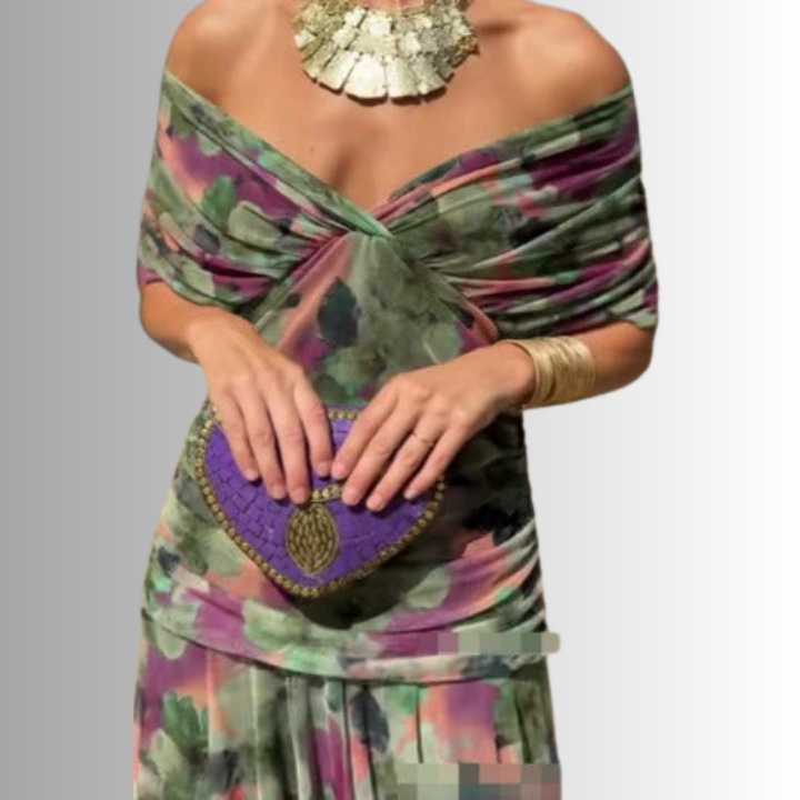 Sophisticated women's off-shoulder maxi dress with draped neckline, ideal for evening parties & galas.